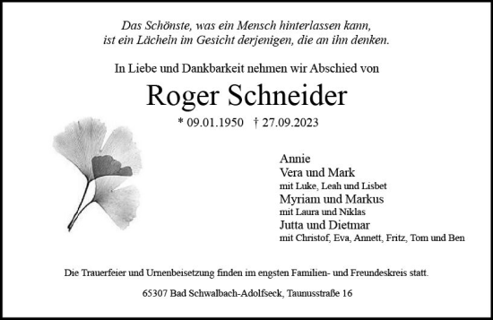 Traueranzeige von Roger Schneider von Wiesbadener Kurier