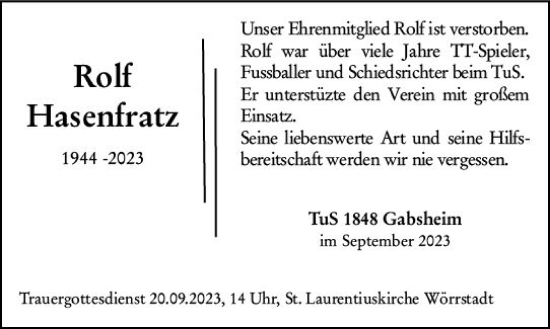 Traueranzeige von Rolf Hasenfratz von Allgemeine Zeitung Alzey