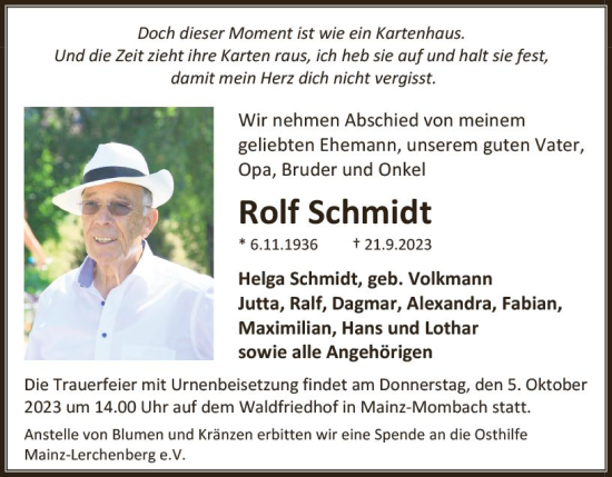 Traueranzeige von Rolf Schmidt von Allgemeine Zeitung Mainz