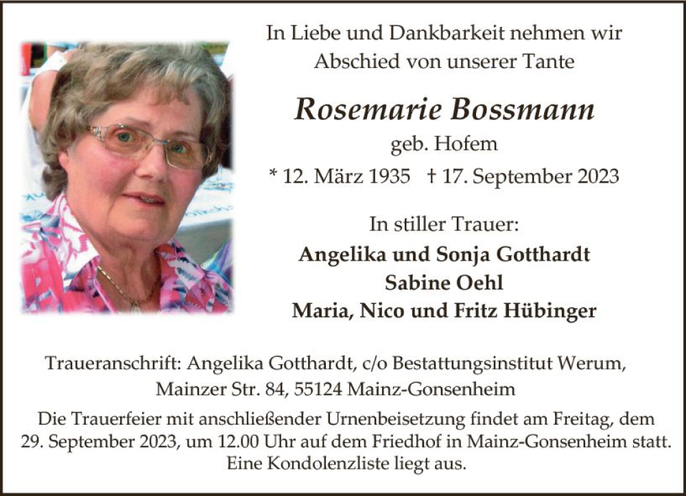  Traueranzeige für Rosemarie Bossmann vom 23.09.2023 aus Allgemeine Zeitung Mainz