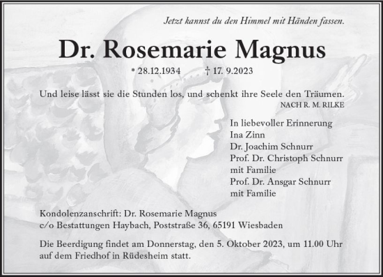 Traueranzeige von Rosemarie Magnus von Wiesbadener Kurier