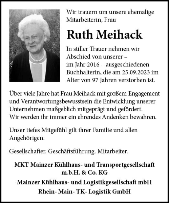 Traueranzeige von Ruth Meihack von Allgemeine Zeitung Mainz