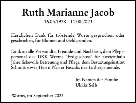 Traueranzeige von Ruth Marianne Jacob von Wormser Zeitung