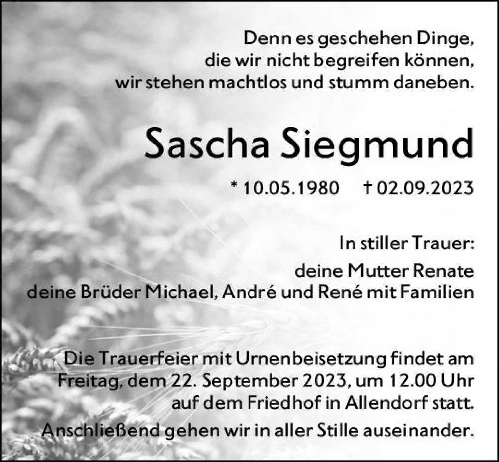  Traueranzeige für Sascha Siegmund vom 20.09.2023 aus Wetzlarer Neue Zeitung