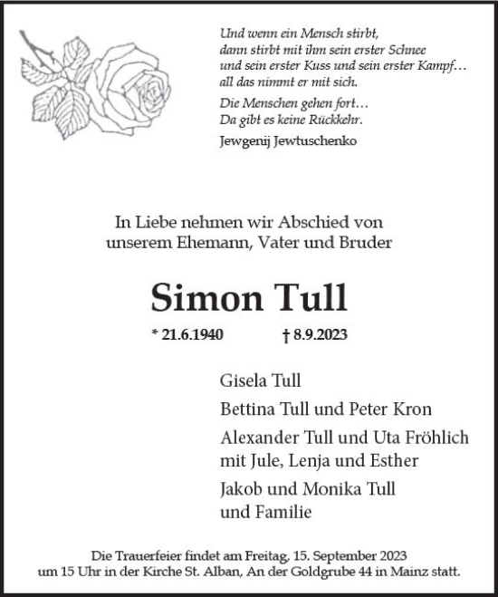 Traueranzeige von Simon Tull von Allgemeine Zeitung Mainz