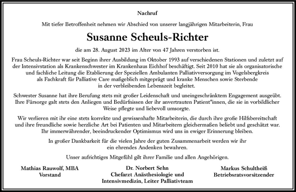  Traueranzeige für Susanne Scheuls-Richter vom 08.09.2023 aus VRM Trauer