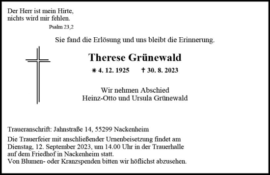 Traueranzeige von Therese Grünewald von Allgemeine Zeitung Mainz