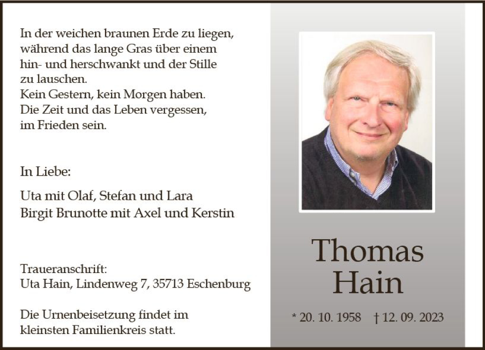  Traueranzeige für Thomas Hain vom 16.09.2023 aus Dill Block