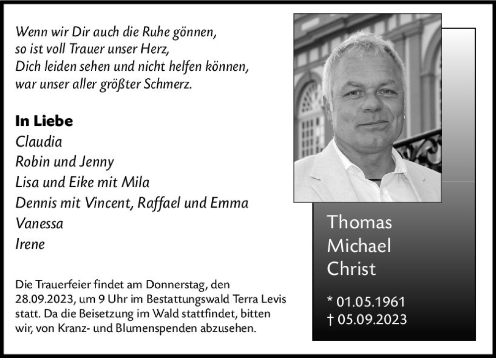  Traueranzeige für Thomas Michael Christ vom 16.09.2023 aus Wiesbadener Kurier