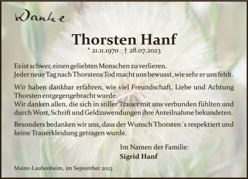  Traueranzeige für Thorsten Hanf vom 09.09.2023 aus Allgemeine Zeitung Mainz