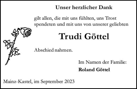 Traueranzeige von Trudi Göttel von Allgemeine Zeitung Mainz