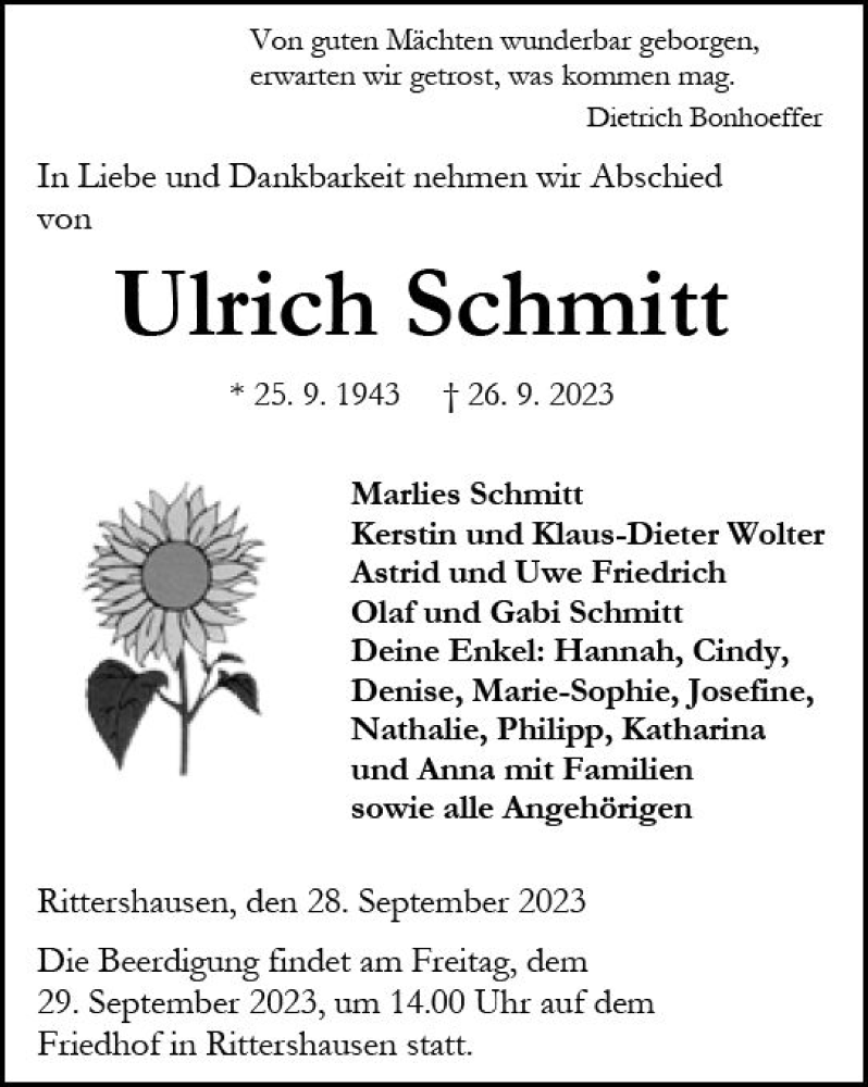  Traueranzeige für Ulrich Schmitt vom 28.09.2023 aus Dill Block