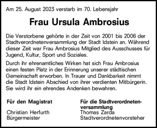 Traueranzeige von Ursula Ambrosius von Idsteiner Land/Untertaunus