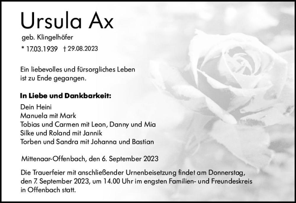  Traueranzeige für Ursula Ax vom 06.09.2023 aus Dill Block