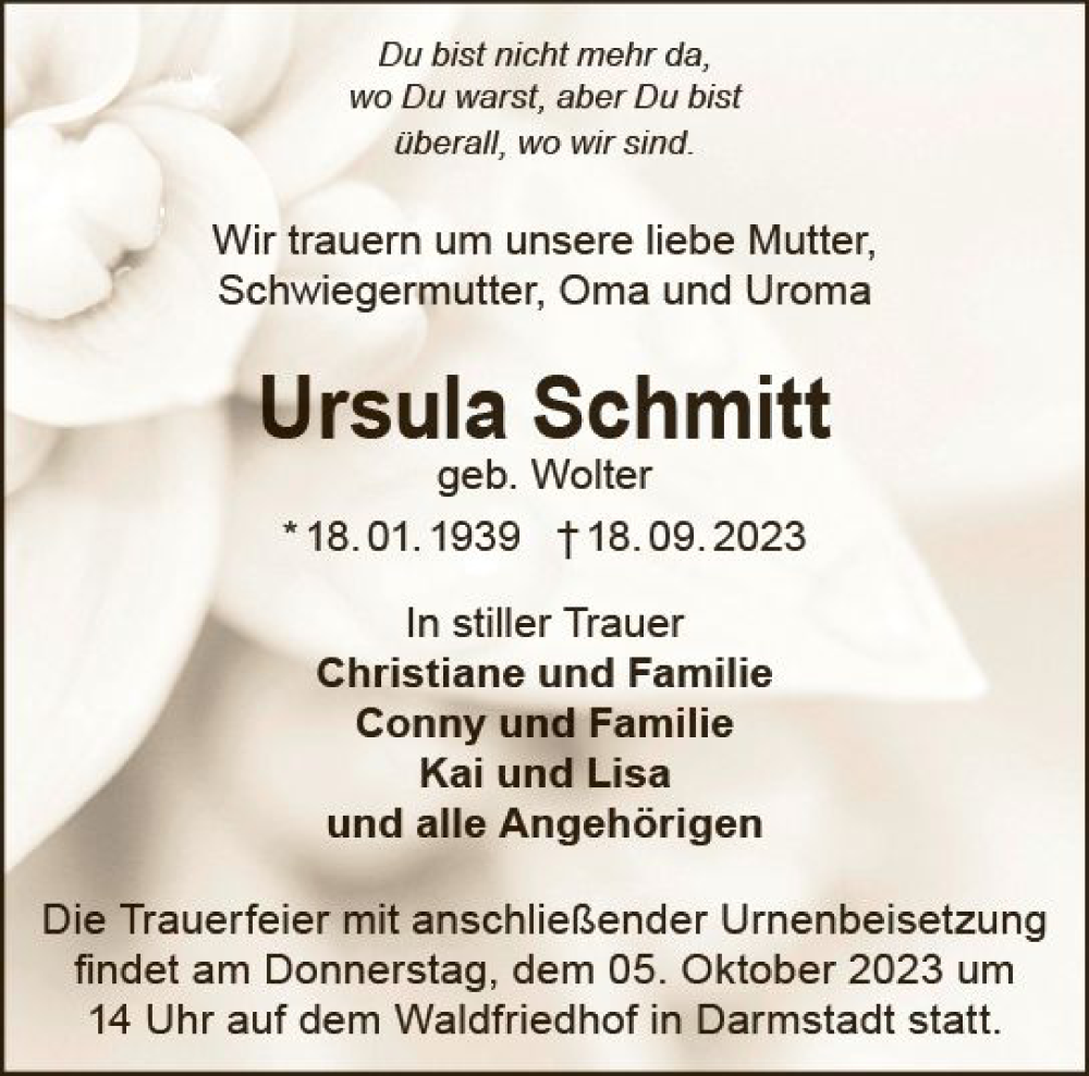  Traueranzeige für Ursula Schmitt vom 23.09.2023 aus Darmstädter Echo