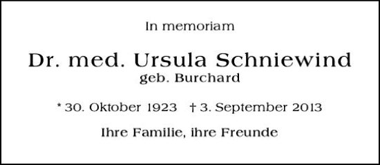 Traueranzeige von Ursula Schniewind von Allgemeine Zeitung Bingen/Ingelheim