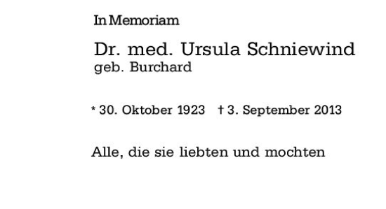 Traueranzeige von Ursula Schniewind von Allgemeine Zeitung Bingen/Ingelheim