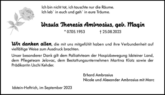 Traueranzeige von Ursula Theresia Ambrosius von Idsteiner Land/Untertaunus