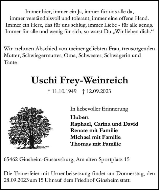 Traueranzeige von Uschi Frey-Weinreich von Allgemeine Zeitung Mainz