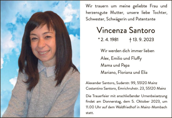 Traueranzeige von Vincenza Santoro von Allgemeine Zeitung Mainz