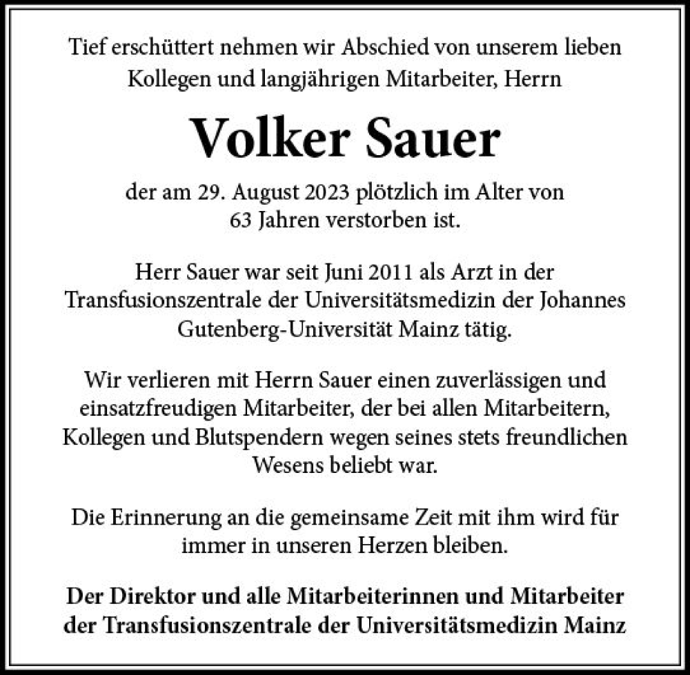  Traueranzeige für Volker Sauer vom 09.09.2023 aus Allgemeine Zeitung Bad Kreuznach