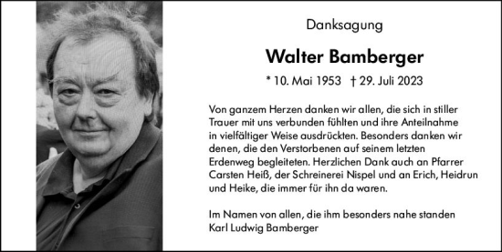Traueranzeige von Walter Bamberger von Hinterländer Anzeiger