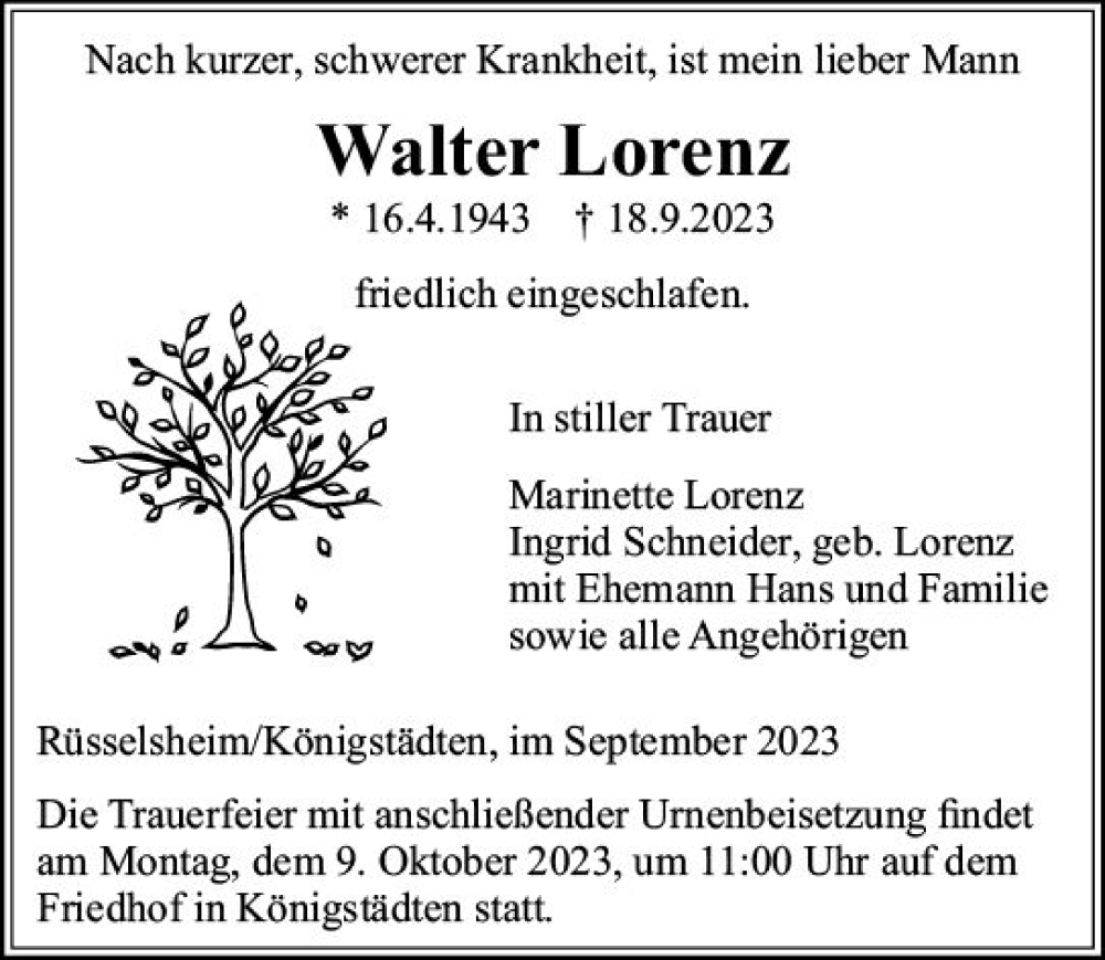  Traueranzeige für Walter Lorenz vom 23.09.2023 aus Rüsselsheimer Echo