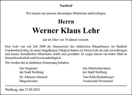 Traueranzeige von Werner Klaus Lehr von Weilburger Tageblatt