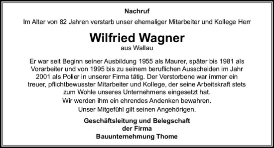 Traueranzeige von Wilfried Wagner von Hinterländer Anzeiger