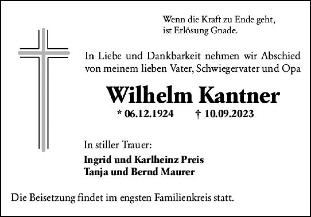  Traueranzeige für Wilhelm Kantner vom 15.09.2023 aus Hochheimer Zeitung