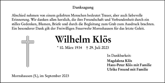 Traueranzeige von Wilhelm Klös von Hinterländer Anzeiger