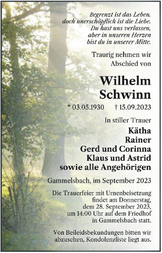 Traueranzeige von Wilhelm Schwinn von Odenwälder Echo