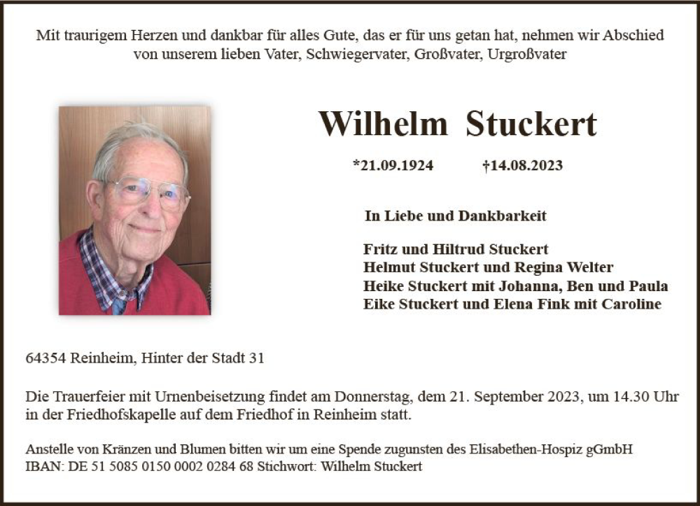  Traueranzeige für Wilhelm Stuckert vom 16.09.2023 aus Darmstädter Echo