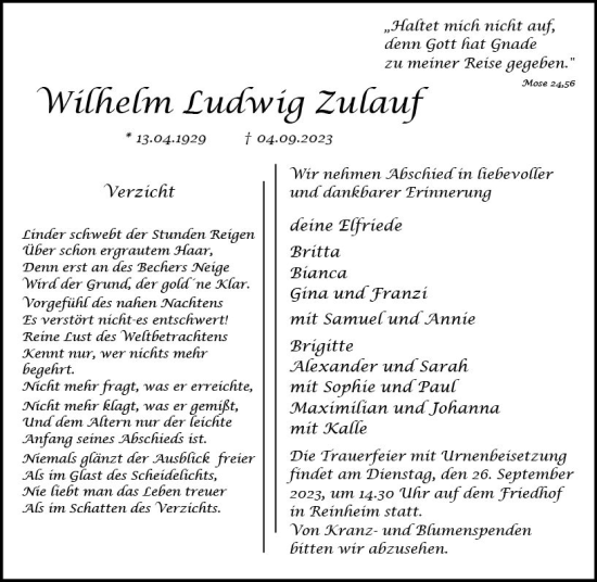 Traueranzeige von Wilhelm Ludwig Zulauf von Darmstädter Echo