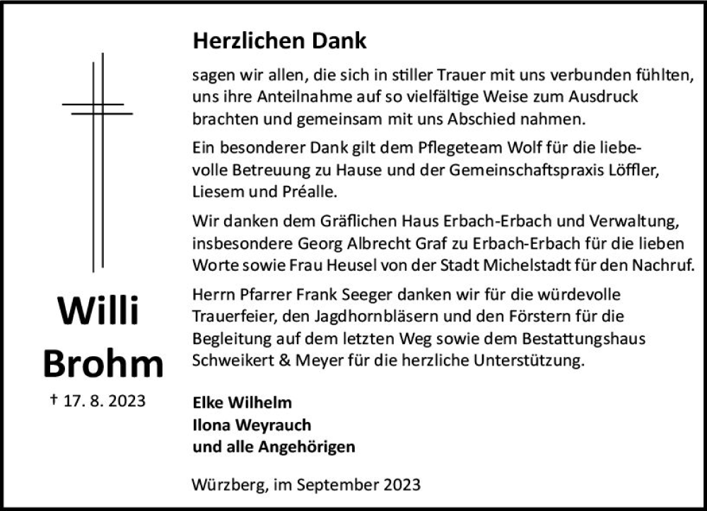  Traueranzeige für Willi Brohm vom 23.09.2023 aus Odenwälder Echo