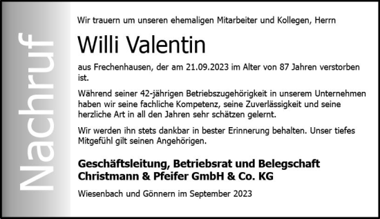 Traueranzeige von Willi Valentin von Hinterländer Anzeiger