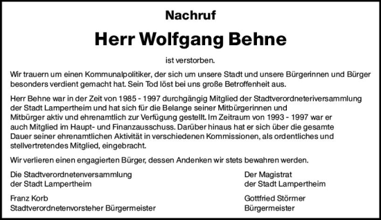 Traueranzeige von Wolfgang Behne von Starkenburger Echo