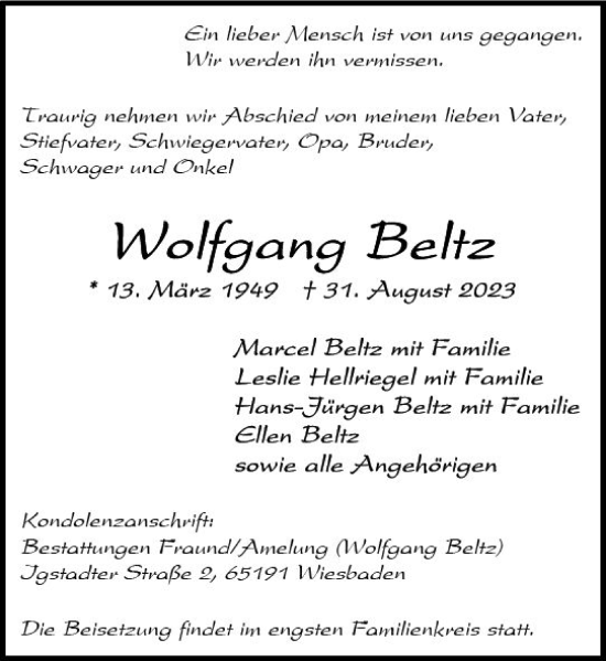 Traueranzeige von Wolfgang Beltz von Wiesbadener Kurier