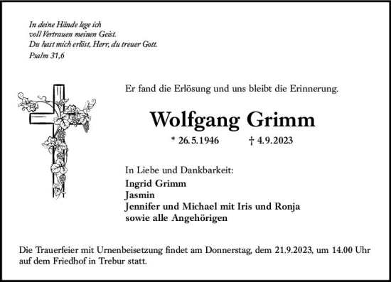 Traueranzeige von Wolfgang Grimm von Rüsselsheimer Echo