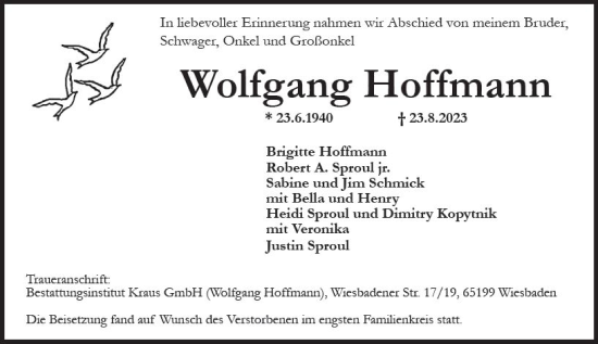 Traueranzeige von Wolfgang Hoffmann von Wiesbadener Kurier