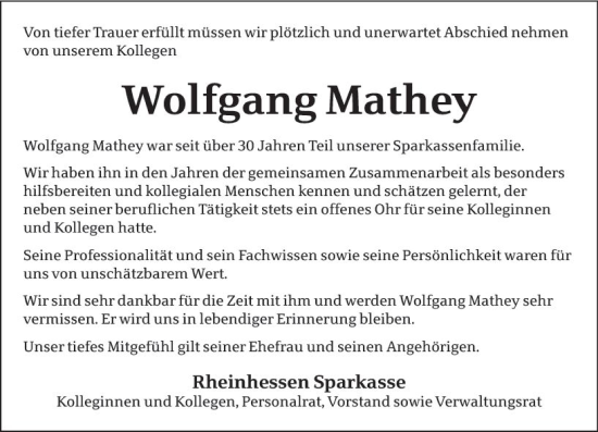 Traueranzeige von Wolfgang Mathey von Allgemeine Zeitung Alzey