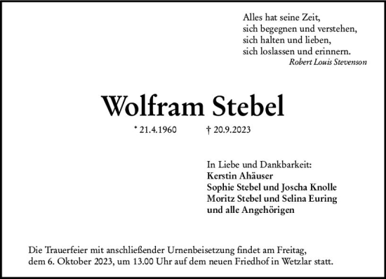 Traueranzeige von Wolfram Strebel von Wetzlarer Neue Zeitung