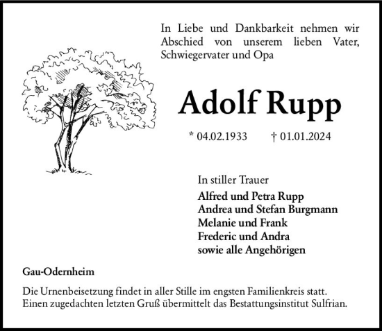 Traueranzeige von Adolf Rupp von Allgemeine Zeitung Alzey