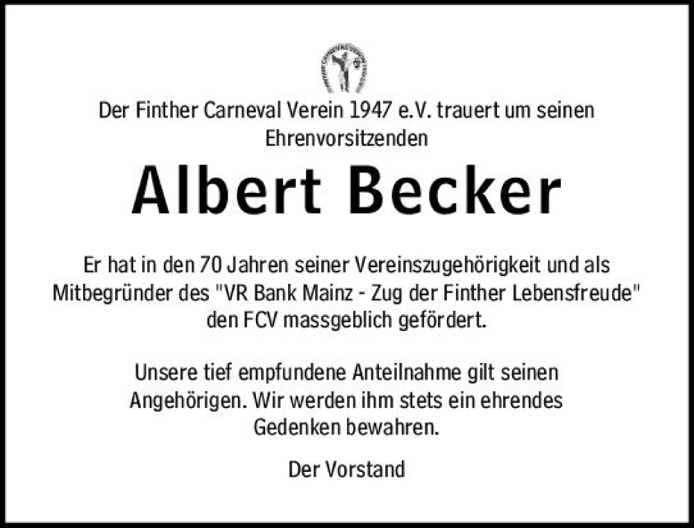  Traueranzeige für Albert Becker vom 06.01.2024 aus Allgemeine Zeitung Mainz