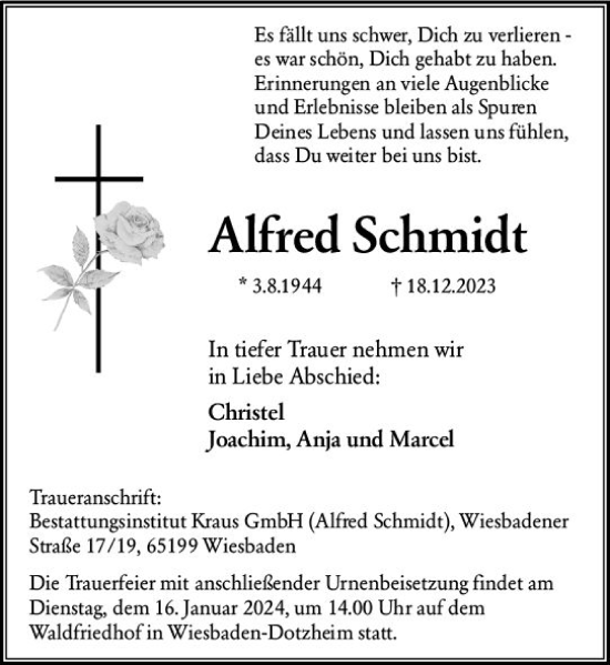 Traueranzeige von Alfred Schmidt von Wiesbadener Kurier
