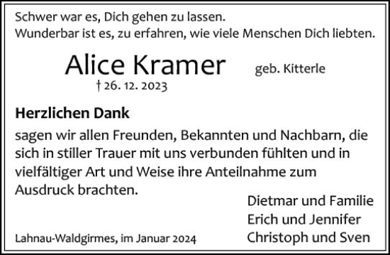 Traueranzeige von Alice Kramer von Wetzlarer Neue Zeitung