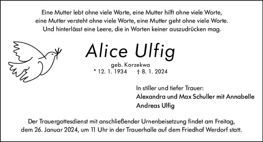  Traueranzeige für Alice Ulfig vom 20.01.2024 aus Wetzlarer Neue Zeitung