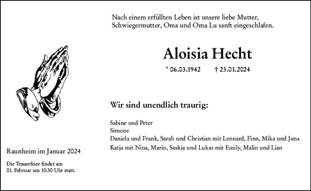  Traueranzeige für Aloisia Hecht vom 27.01.2024 aus Rüsselsheimer Echo
