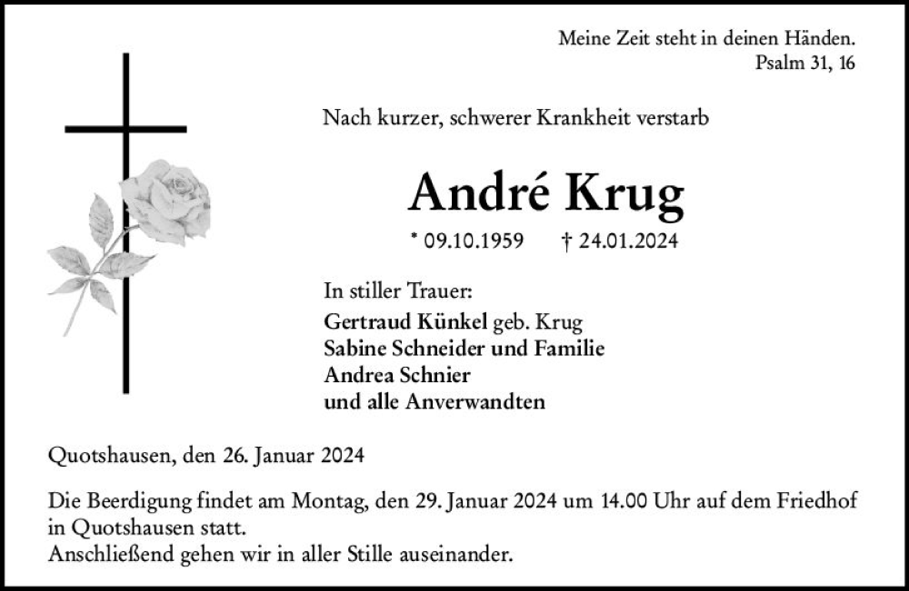  Traueranzeige für Andre Krug vom 26.01.2024 aus Hinterländer Anzeiger