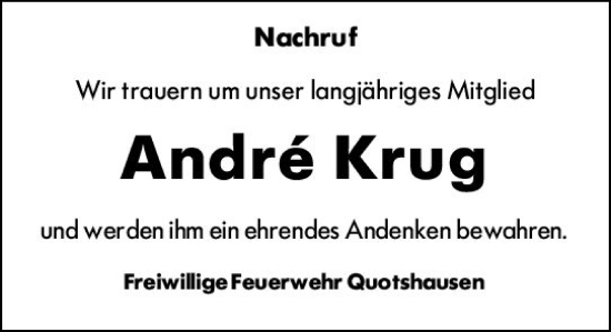 Traueranzeige von Andre Krug von Hinterländer Anzeiger